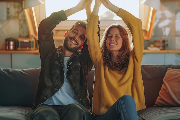 Photo happy couple making roof figure with their arms in the living room shot of a cheerful young couple