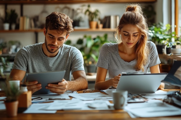 Photo happy couple planning savings with budget paperwork organizing bills checklist for financial grow