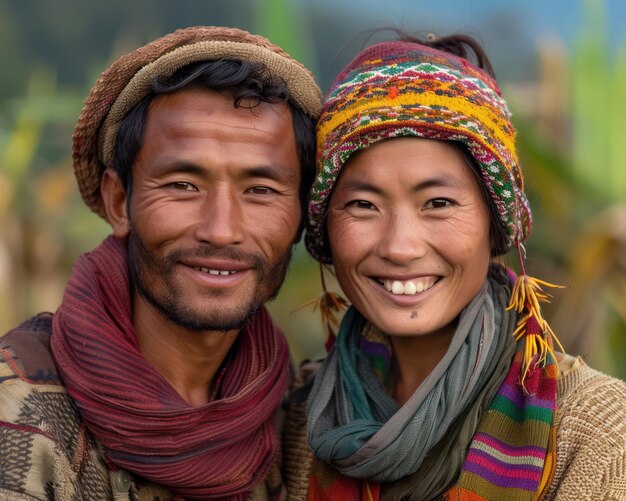 Photo happy couple posing for a photo in traditional clothing full of joy and love a portrait of