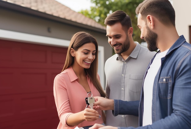 Photo happy couple receiving new house keys