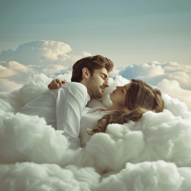 Photo happy couple relaxing on the clouds together the warmth of love a romantic