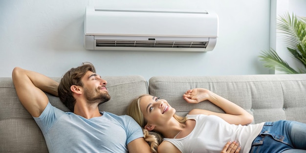 Happy Couple Relaxing at Home Girlfriend Turning on Air Conditioner and Resting on Boyfriends Legs