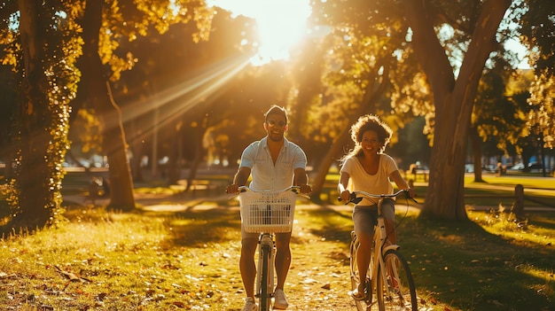 A happy couple rides bikes on a sunny day through a park