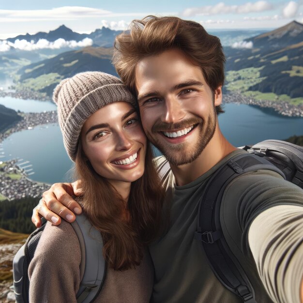 Happy Couple's Selfie with Mountain Lake View