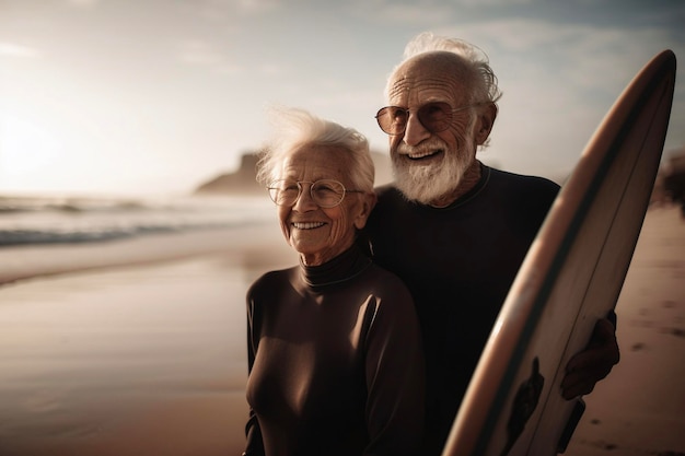 Happy couple of seniors at the beach trying to go surf and having fun together Generative AI