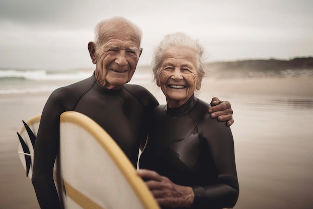 Happy couple of seniors at the beach trying to go surf and having fun together Generative AI