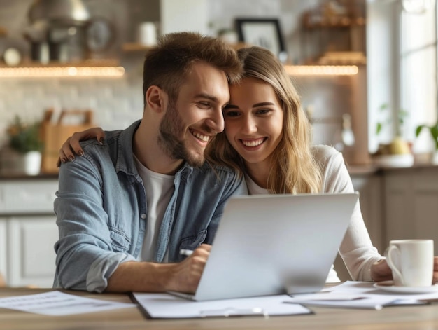 Happy couple sitting together at home using a laptop and reviewing documents showcasing teamwork and