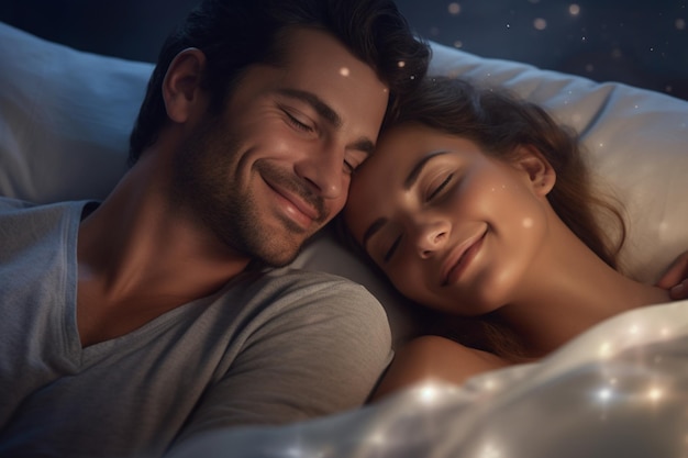 Happy couple sleeping on a bed in romantic mood with Generative AI