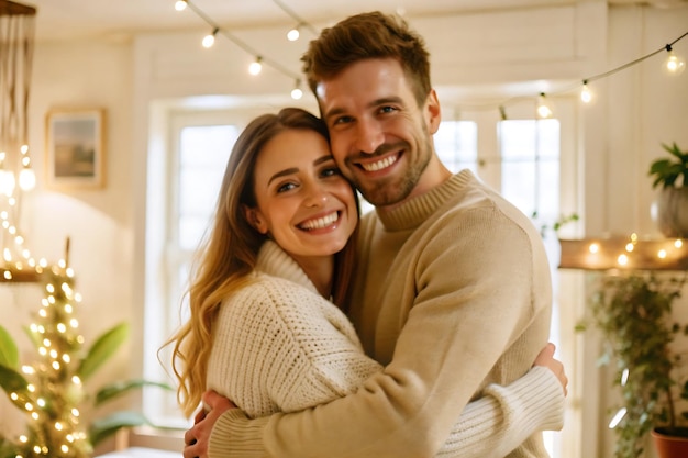 A happy couple smiling and embracing each other inside a cozy warmly lit home