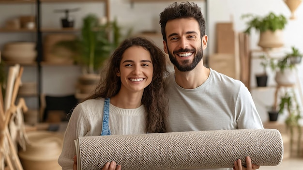 Photo happy couple smiling and holding rolled carpet in room