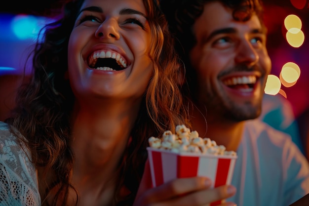 Photo happy couple smiling with popcorn at the movie theater enjoying a fun and joyful night