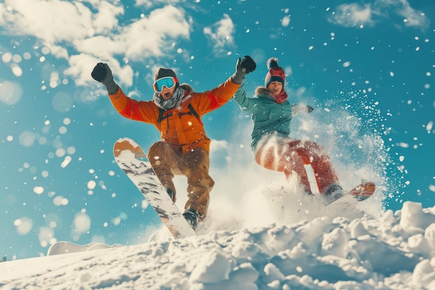 Photo happy couple of snowboarders jumping with snowboards