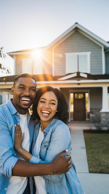 Happy couple standing in front of theirs new house