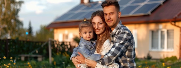 Happy couple standing near a house with solar panels Alternative energy