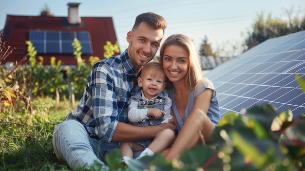 Happy couple standing near a house with solar panels Alternative energy