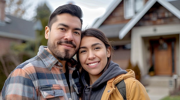 A happy couple standing and smiling together in front of their home