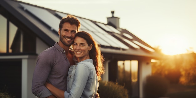 A happy couple stands smiling in the driveway of a large house with solar panels basking in the warm glow of the golden hour AI Generative AI