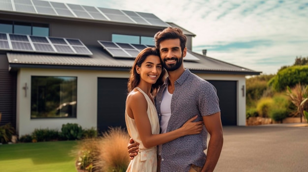 A happy couple stands smiling in the driveway of a large house with solar panels installed Generative AI