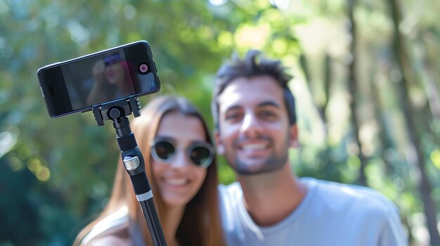 Photo happy couple taking a selfie in a park with a selfie stick