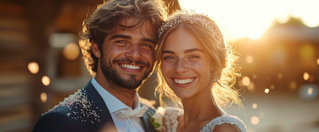 Photo happy couple on their wedding day portrait