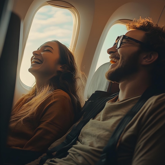 Happy couple traveling by airplane Young man and woman traveling together