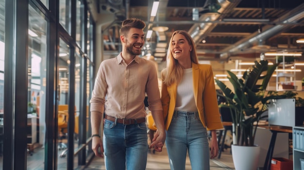 Photo happy couple walking handinhand through modern office