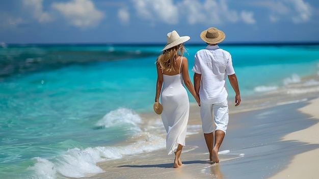 Photo happy couple in white clothing and with hats walks down a tropical beach