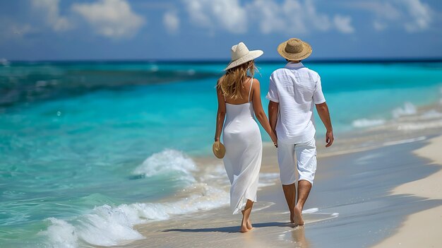 Photo happy couple in white clothing and with hats walks down a tropical beach