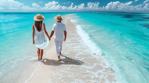 Photo happy couple in white clothing and with hats walks down a tropical beach