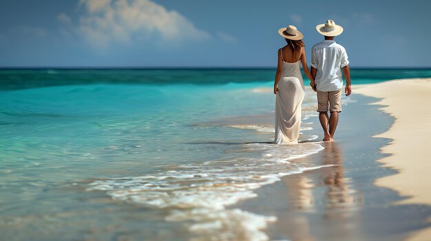 Photo happy couple in white clothing and with hats walks down a tropical beach