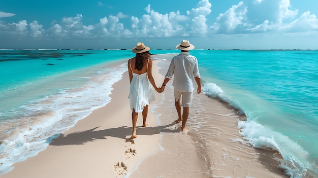 Photo happy couple in white clothing and with hats walks down a tropical beach