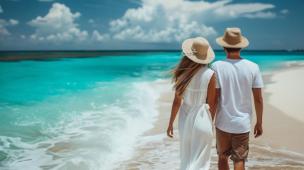 Photo happy couple in white clothing and with hats walks down a tropical beach