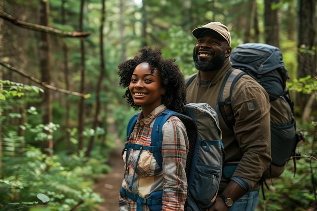 Happy Couple with Backpacks Hiking in a Forest