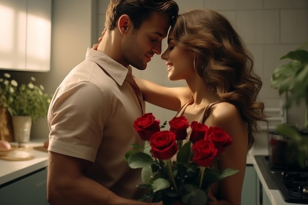 Happy couple with red roses and a surprise kiss in the kitchen for anniversary or valentines day