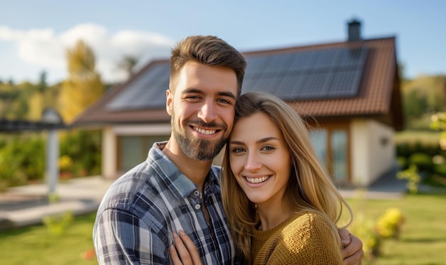 Happy couple young man and woman standing near their new eco friendly passive house with photovoltaic system solar panels for renewable energy on sunny day