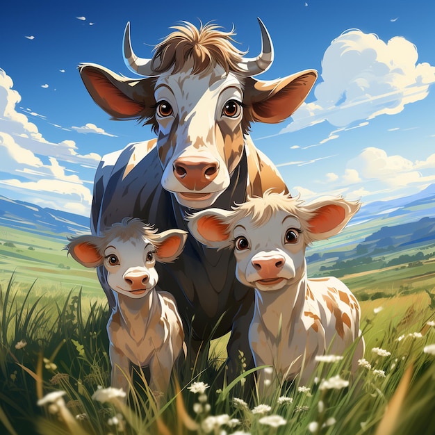 A happy cow and baby cows