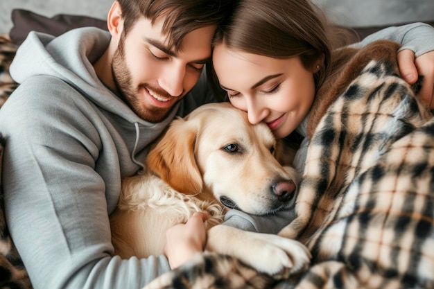 Happy cozy loving couple hug doggy spend time together