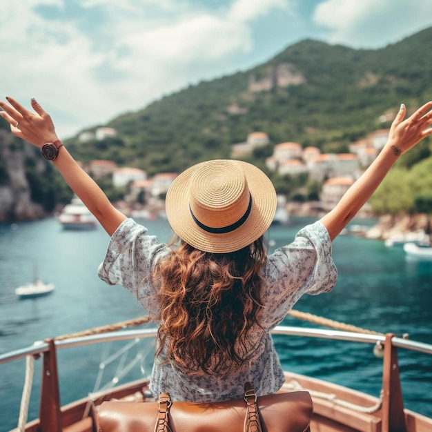 happy cruise vacation fun travel woman pointing watching whales or wildlife sighting from deck of