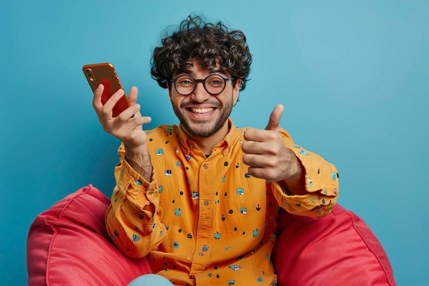 A Happy curly millennial indian man sitting at bean