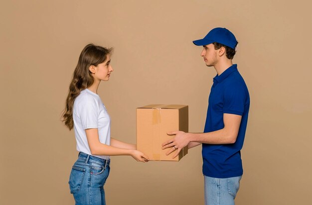 Photo happy customers receiving packages from smiling delivery men in diverse urban and home settings