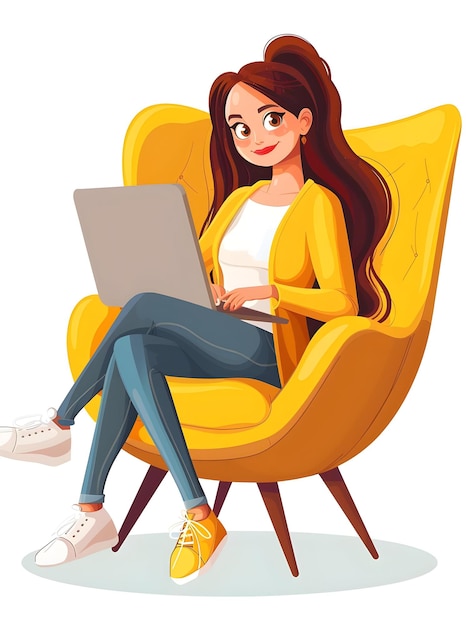 Happy Cute Adorable Trendy Girl Sitting On The Fancy Chair With A Laptop