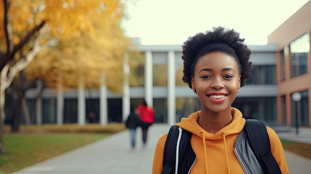 Happy cute African teenage girl smiling confident shorthaired cute Black ethnic college student standing arms crossed looking at camera in modern foreign university campus studying abroad