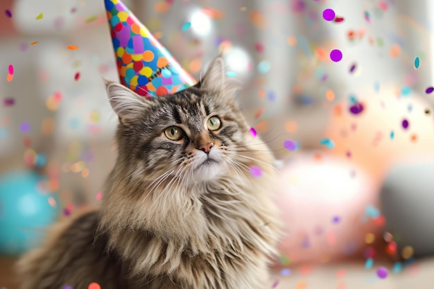 Happy cute American Longhair Maine Coon cat in party hat celebrating birthday surrounded by falling confetti bright background