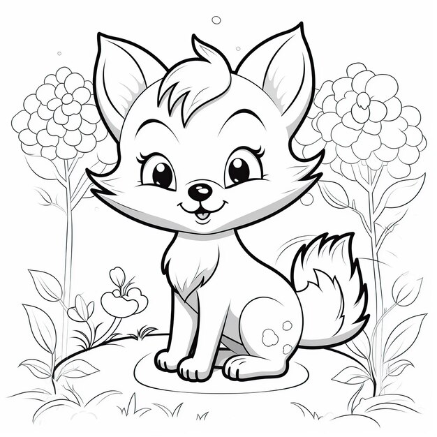 Photo happy cute baby fox in nature chibi style coloring page ai generated image