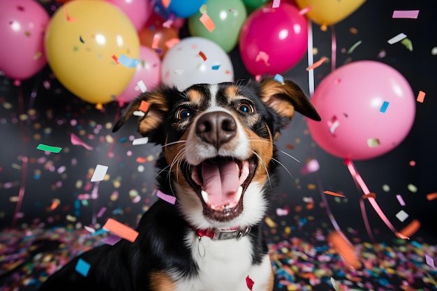 Happy cute dog Australian Shepherd enjoys and celebrates a birthday surrounded by falling confetti and balloons Pet birthday concept on bright background