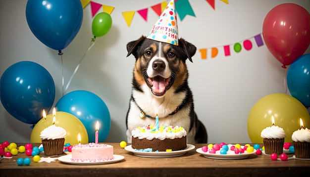 Happy cute dog in party hat celebrating birthday joyful birthday celebration dog wearing hat enjoys treats on indoor party table