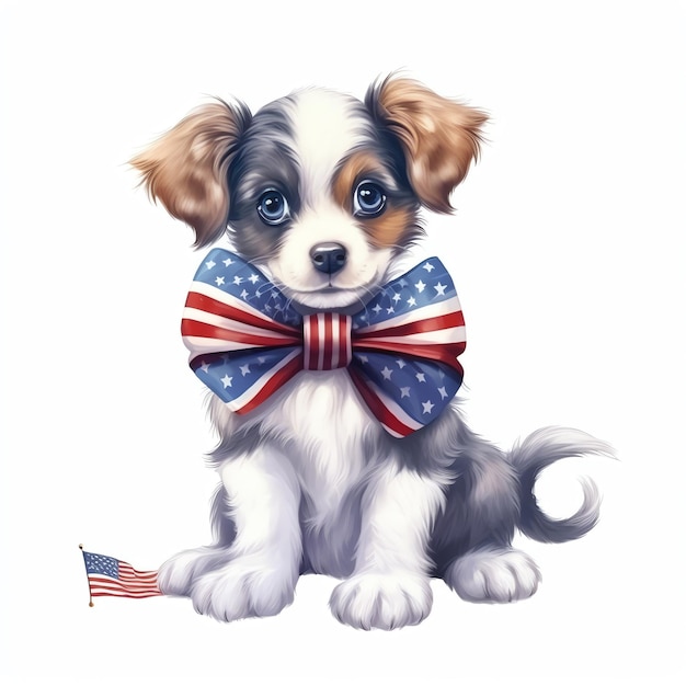 Happy cute dog wearing an Uncle Sam hat with the USA Flag pet lover in July 4th