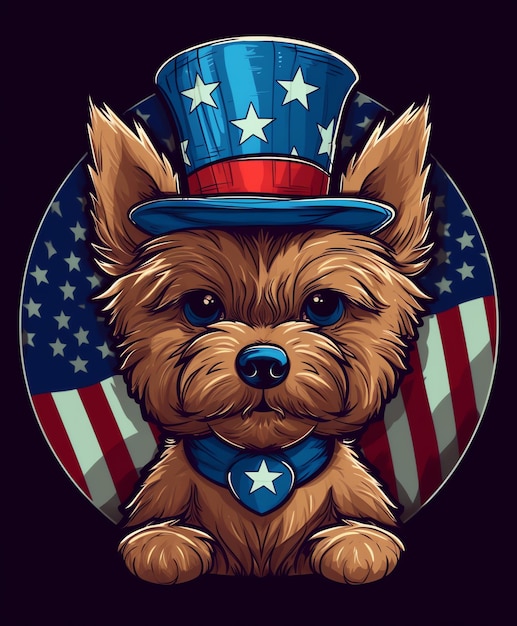 Happy cute dog wearing an Uncle Sam hat with the USA Flag pet lover in July 4th