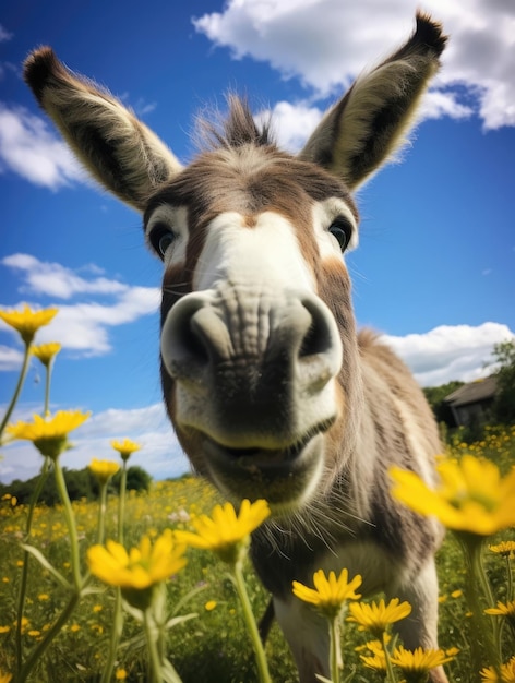 Happy cute donkey on a summer day