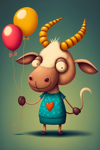 Happy Cute funny goat balloon heart cartoon digital illustration